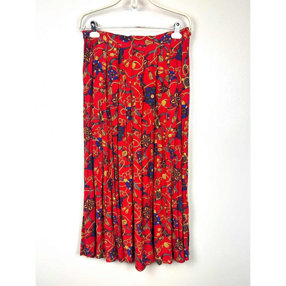 Talbots Vintage 90s Red Chain‎ Tassel Print Pleated Midi Skirt Size 12 Old Money
